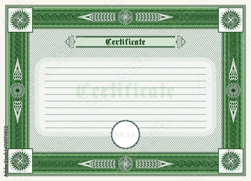 Vector sample of green blank certificate or diploma form. Patterned vintage frame with guilloche mesh. An old large banknote or treasury bond. Retro template of voucher. Empty coupon.