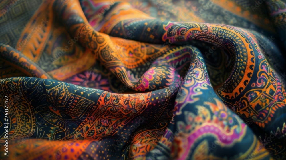 Exquisite folds adorn this traditional oriental fabric, showcasing intricate Indian patterns Exquisite folds adorn this traditional oriental fabric, showcasing intricate Indian patterns