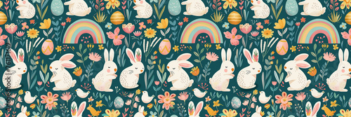 Bunnies, chicks, eggs among spring flowers and colorful rainbows. Generative AI.
