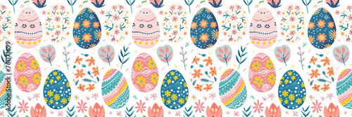 Seamless pattern of Easter eggs, each of which is decorated with patterns of flowers. Generative AI