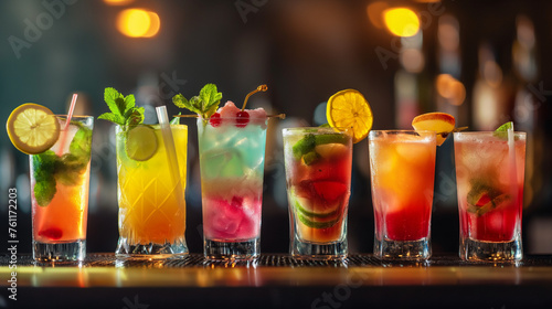 A variety of colorful cocktails drinks in glasses with ice cubes on bar counter.