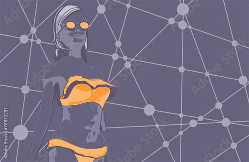 Illustration of a beautiful fashion model posing in a stylish swimsuit wearing sunglasses. Young attractive woman in bikini.