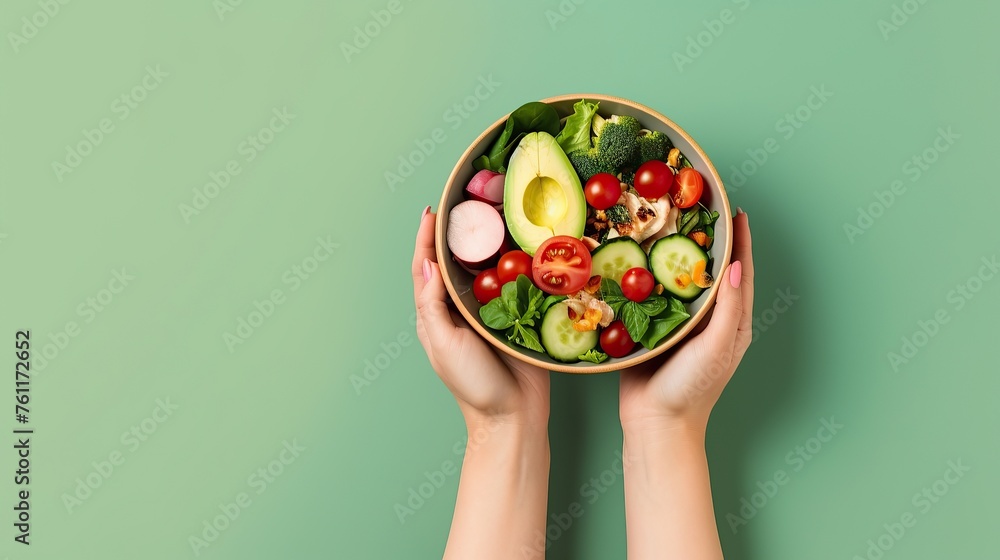 Woman's hands holding a bowl with salad with tomatoes, chicken, avocado, green leaves, top view. Woman's hands holding a bowl with salad with tomatoes, chicken, avocado, green leaves, top view.