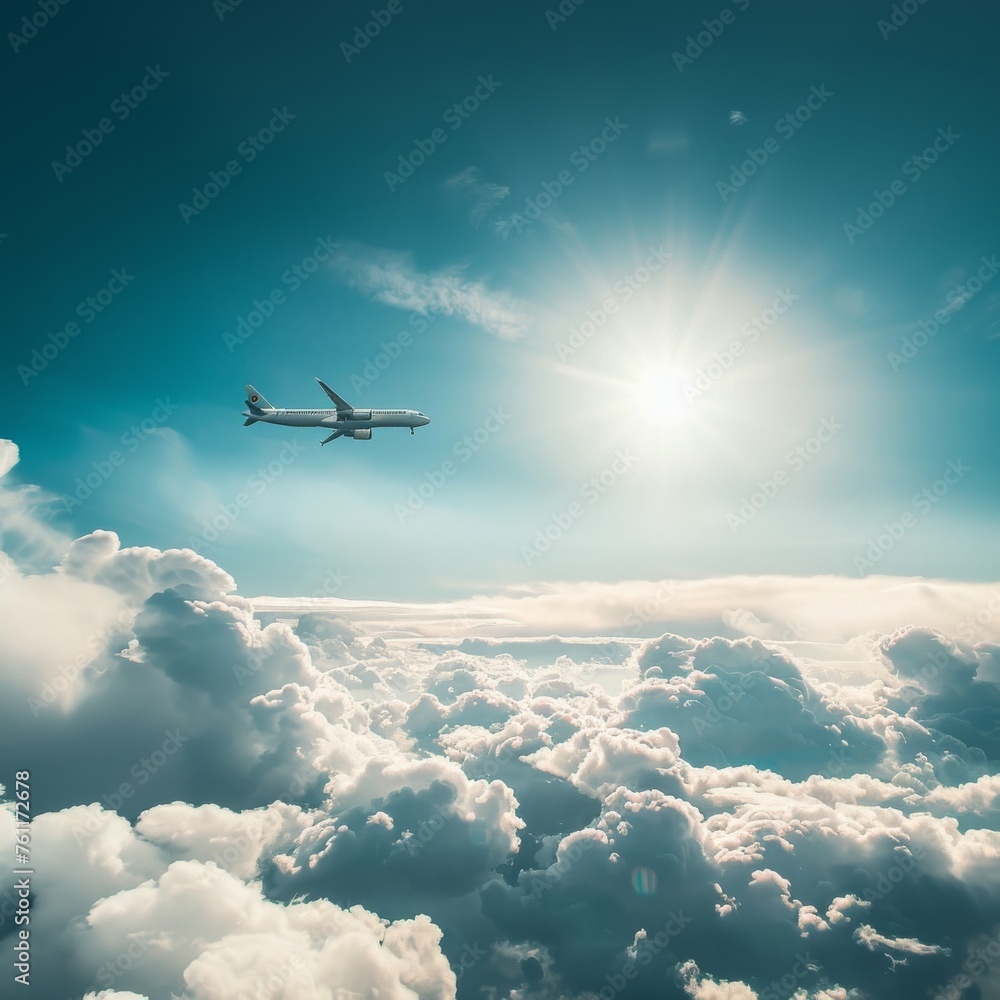 Airplane flies between clouds, blue sky, sunny day. Airplane flies between clouds, blue sky, sunny day.