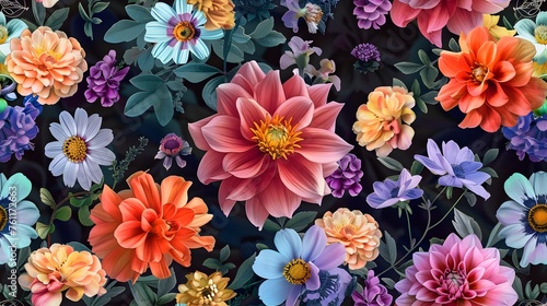 Snapdragon poppy jasmine dahlia flowers seamless texture style.
