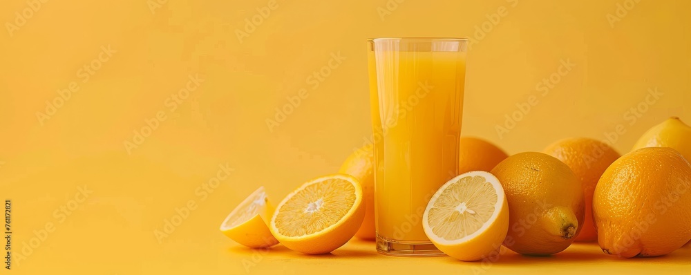 Naklejka premium Fresh orange juice in a glass on a yellow background, fresh oranges and lemons around the glass.