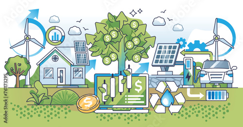 Green business and sustainable alternative energy investment outline concept. Environmental power production profit with solar panels and wind turbines vector illustration. Nature friendly company.