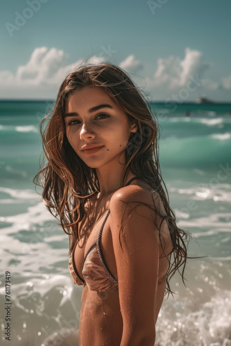 a beautiful girl in bikini posing for a photoshoot in nature