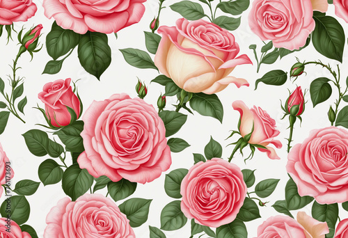 Beautiful rose flowers on white background, copy space, top view © Fukurou
