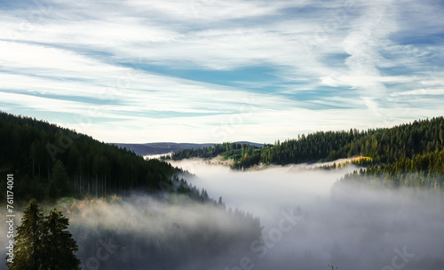 Autumnal landscape in the Black Forest. Nature in the morning with low lying clouds in the valley. 