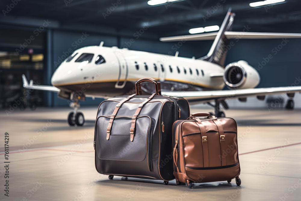 Obraz premium Private jet plane and suitcase. A businessman moved his luggage to a jet aircraft hangar for an overseas business trip. business concept.