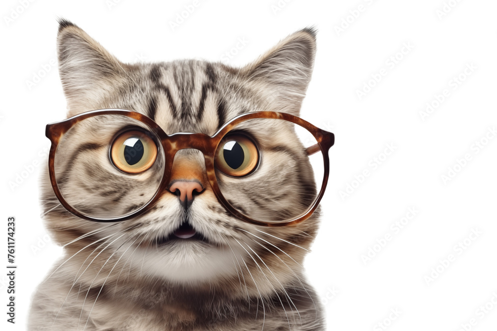 Portrait of surprised cat in glasses isolated on transparent background.