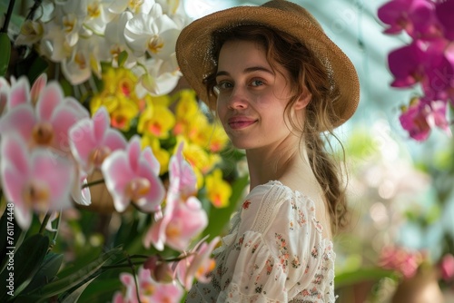 a woman wearing a brown hat standing next to a bunch of flowers