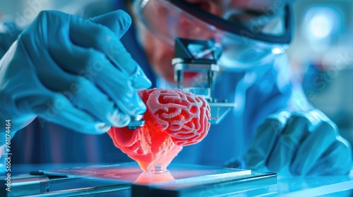 Medical 3D organ printing of model transplantation organ biological engineering in healthcare for surgical instruments, orthopedic and dental implants, AI generated for ads photo