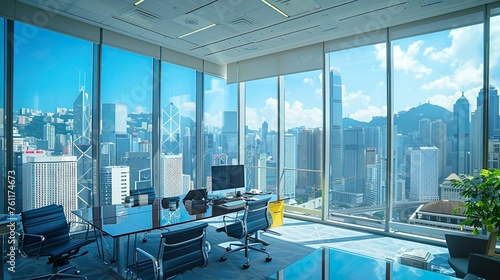 A modern office with a panoramic city view  showing a bustling urban landscape