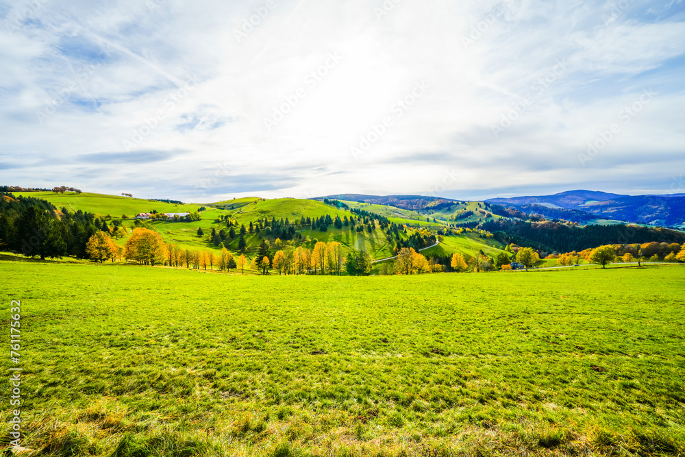 Autumnal landscape in the Black Forest. Nature with forests, hills and fields.
