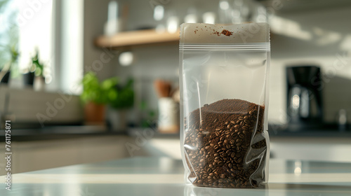 Transparent zip plastic bag filled with coffee beans. © vlntn