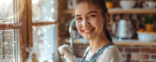 Beautiful young woman washing windows in her own kitchen on a sunny day. photo
