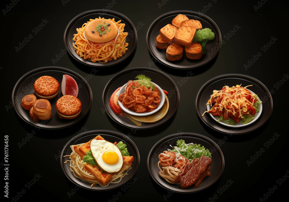 Overview drawing of a collection of various snacks on a black background. Overview drawing of a collection of various snacks on a black background.