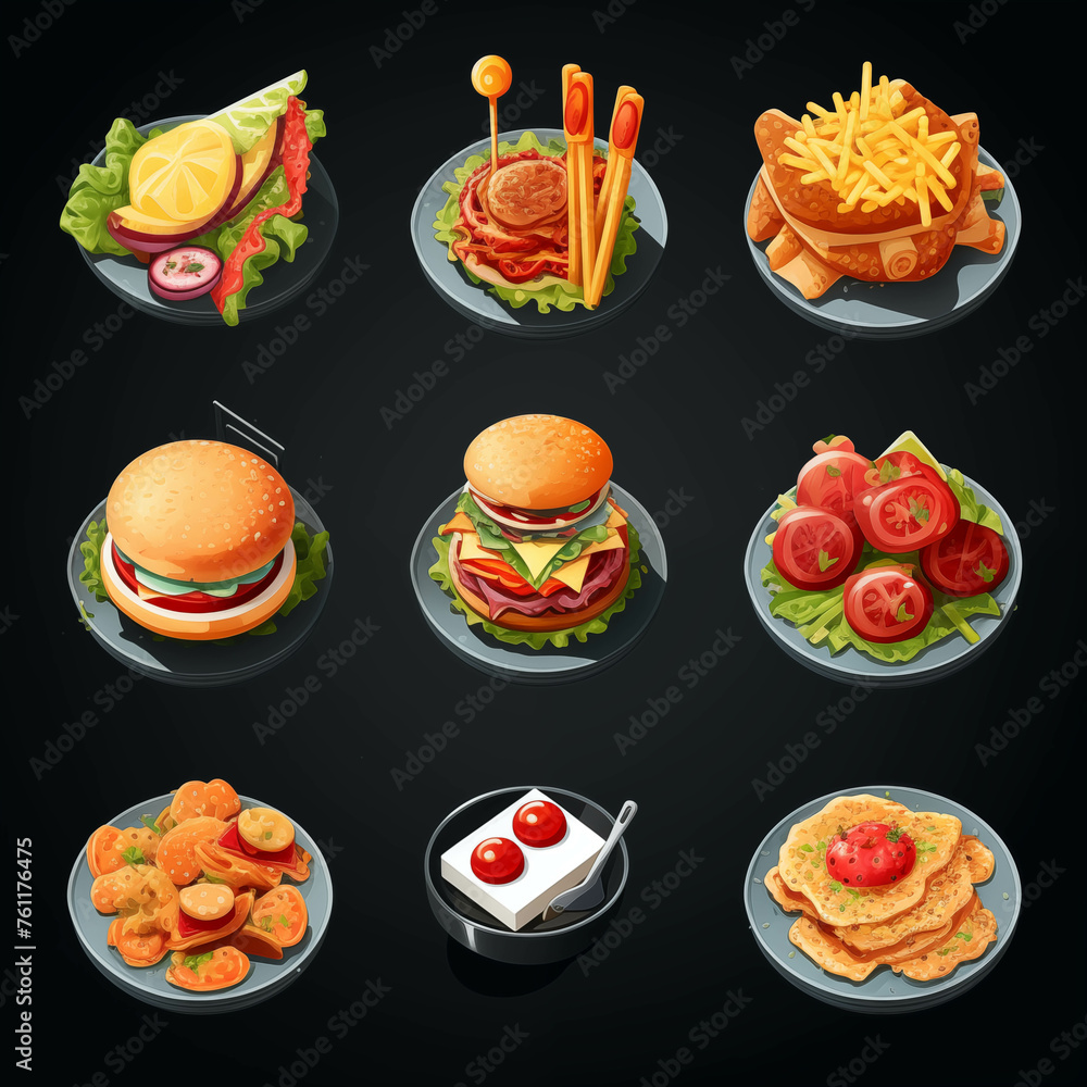 Overview drawing of a collection of various snacks on a black background. Overview drawing of a collection of various snacks on a black background.