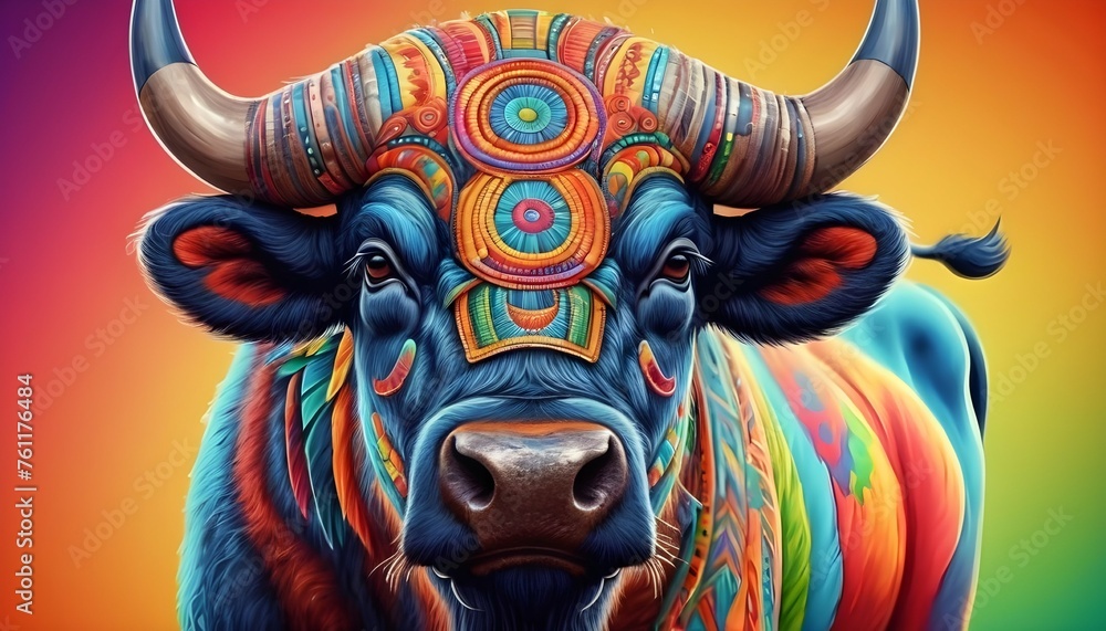Patterned colorful head of a bull, bison. Abstract ethnic image of african of a buffalo with an unusual ornament. Colorful rainbow decoration painted by hand. Series of animals in the ethnic style.