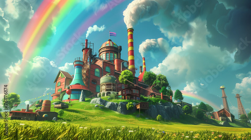 amazing colorful candy , chocolate factory , rainbow in the blue sky background  photo
