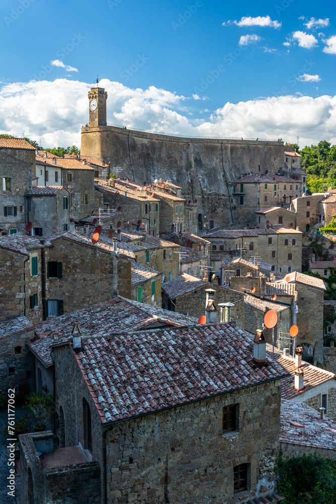 Medieval town of Sorano in the Tuscany in Italy during the sunny day in early autumn 