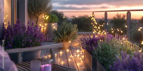 a table and chairs and lights. Autumn evening on the roof terrace of a beautiful house with lanterns,