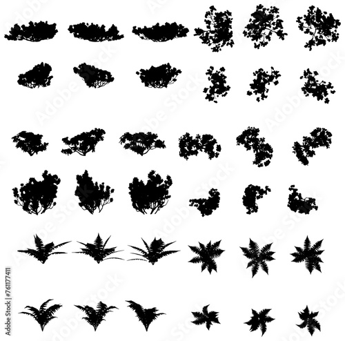Top-down black silhouette plant and bush vector collection on white background