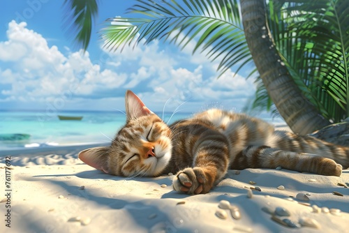 Cat sleeps under palm tree on a tropical beach. Design for banner, poster. Summer vacation and travel concept. Relaxation and resting © dreamdes