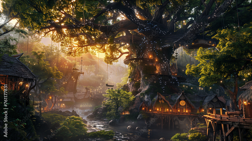 Obraz premium amazing fantasy tree house village in the forest with warm natural ight , elf village concept art