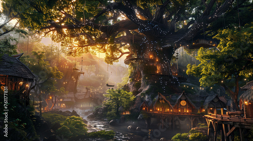 amazing fantasy tree house village in the forest with warm natural ight , elf village concept art
