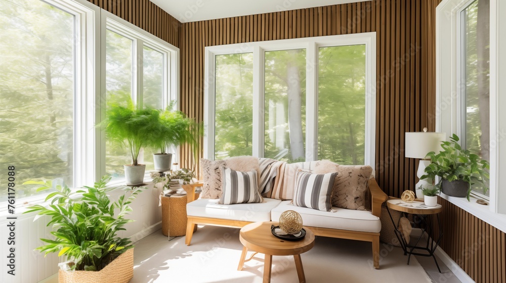Sunroom with an accent wall with vertical wood slat paneling. Sunroom with an accent wall with vertical wood slat paneling.
