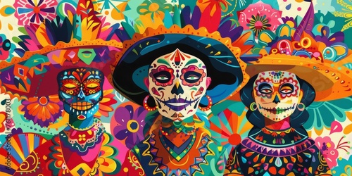 Cinco de Mayo. Mexican Carnival Portrait with Colorful Costumes  Intricate Masks  and Festive Decorations