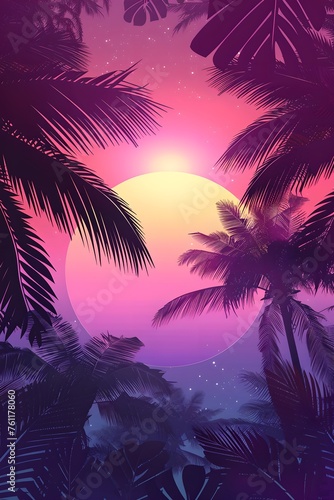 Retrowave neon palm trees at sunset background. Synthwave, outrun aesthetic. Design for banner, poster. Summer vacation and travel concept
