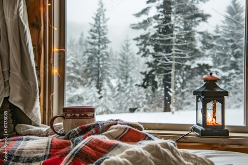 Cozy up by the fire in winter with blankets, hot cocoa, and the quiet beauty of snow-covered landscapes outside your window, Generative AI