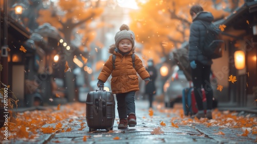 Autumn Journey: A Child with Suitcase Amidst Falling Leaves 