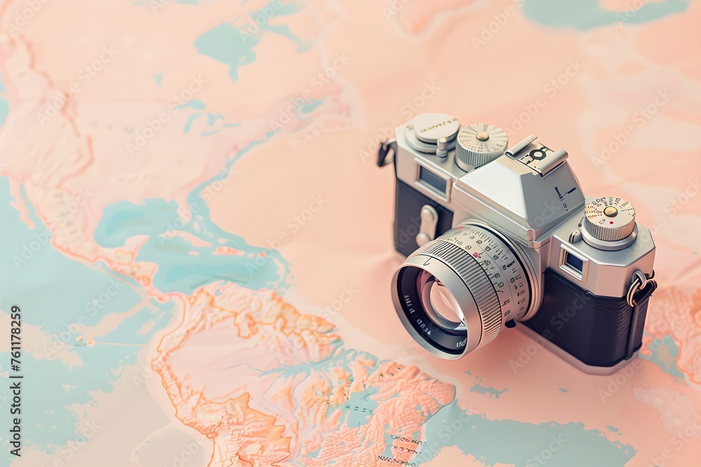 Classic camera on a world map. Summer vacation and travel concept. Design for banner, poster with copy space. Geography and topography
