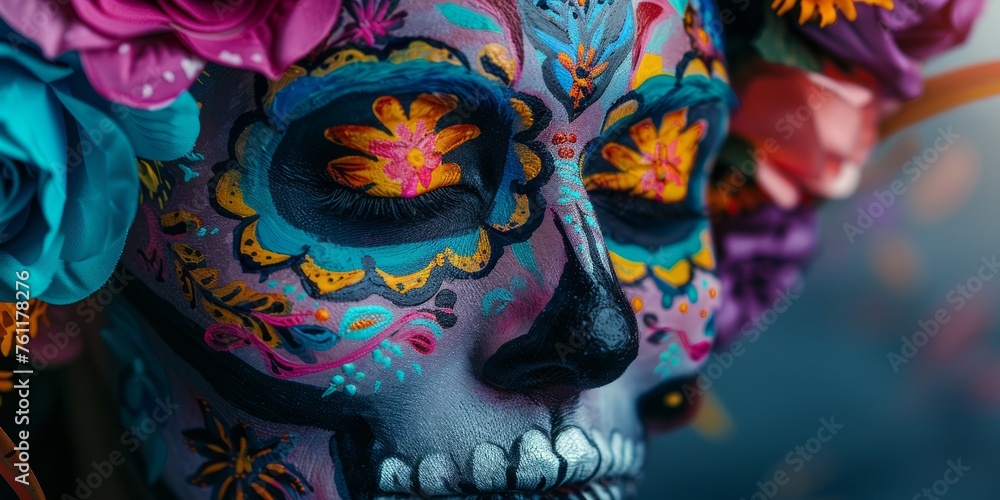 Cinco de Mayo. Calavera: Abstract Mexican Skull Face Paint with Intricate Floral Patterns and Vibrant Colors
