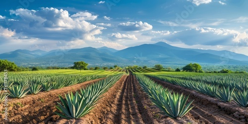 Cinco de Mayo. Jalisco Agave Fields with Rows of Agave Plants Under a Blue Sky.