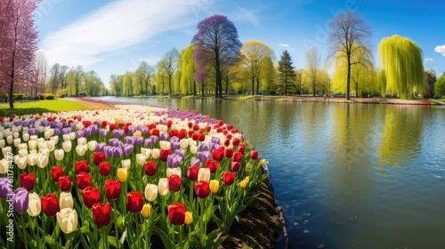 Landscape of colorful beautiful blooming tulip field in Lisse KEUKENHOF Park Holland Netherlands in spring, with fresh green meadow and trees - Tulips flowers background