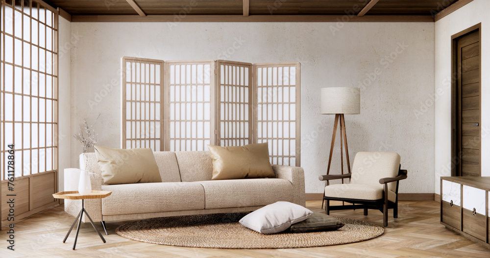 Fototapeta premium Interior mock up with sofa in japanese living room with empty wall.
