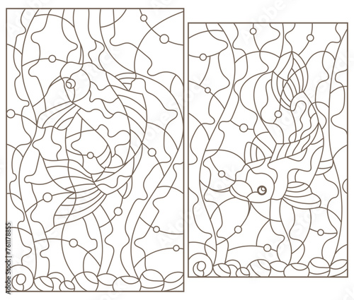 Set of contour illustrations in stained glass style with a pair of koi carp and Lotus flowers on a background of water and a Sunny sky  dark contours on a white background