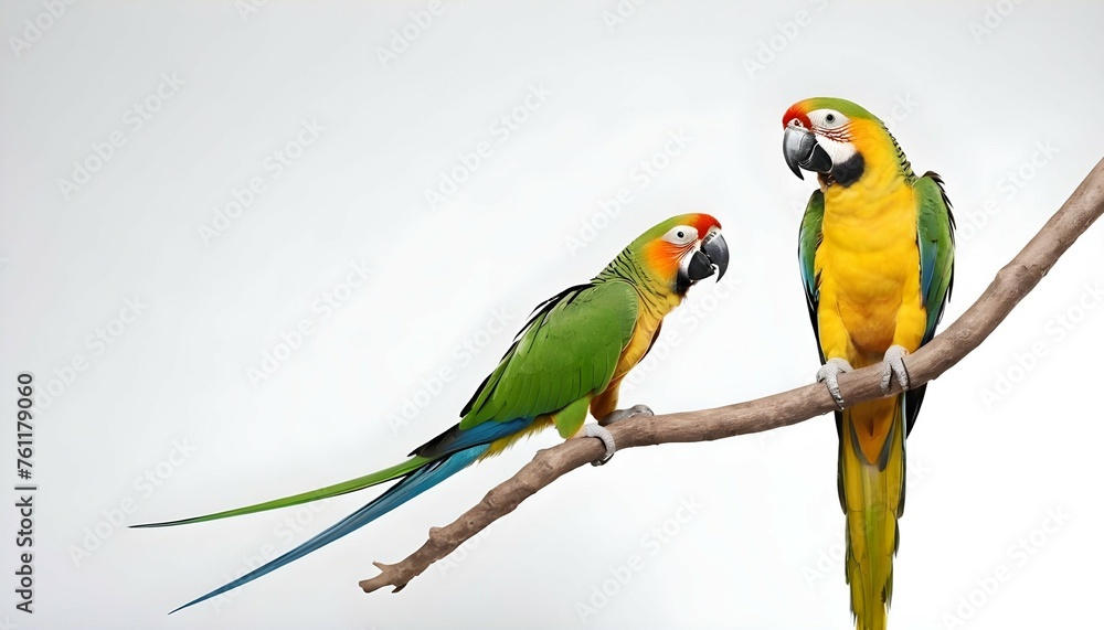 macaw parrot parakeet perching on branch on white background isolate
