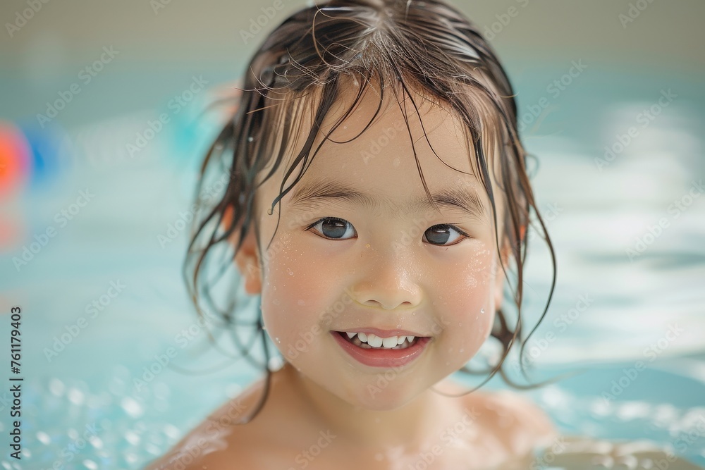 プールで水泳の練習をする日本人の子供（スイミング・運動・夏）