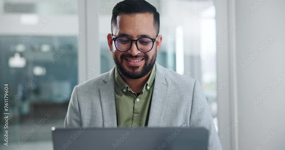 Smile, business man and working on laptop at office for planning, project or reading email online. Computer, happy professional and entrepreneur or financial advisor with information on internet
