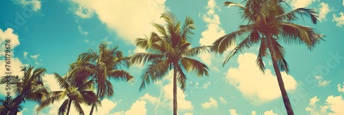 Palm trees against a sky. Retro, vintage style shot. Summer vacation and travel concept. Design for banner, header. Panoramic view © dreamdes