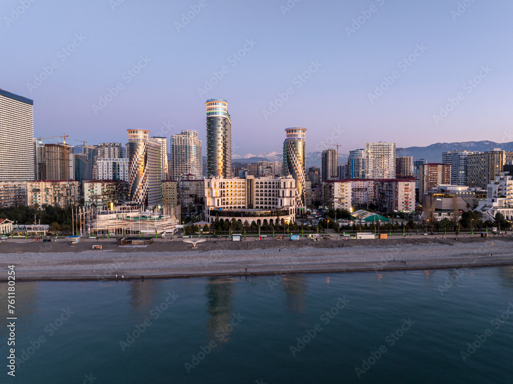 Fototapeta premium Aerial view of modern luxury hotel Colosseum Marina on Sherif Khimshiashvili street. Batumi, Georgia