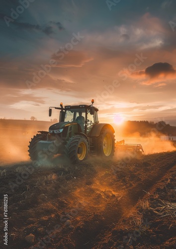 A tractor plows a field at sunset. Agricultural concept.