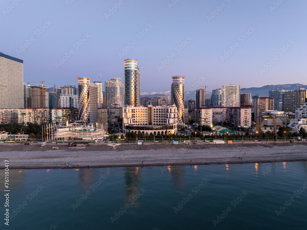Fototapeta premium Aerial view of modern luxury hotel Colosseum Marina on Sherif Khimshiashvili street. Batumi, Georgia